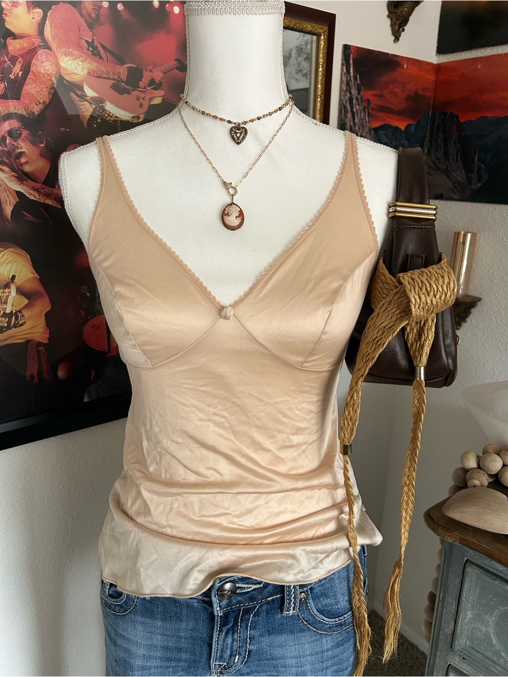 Vintage Satin Camisole Small Slinky Tank Top Champagne Fairy Dainty Feminine Y2K